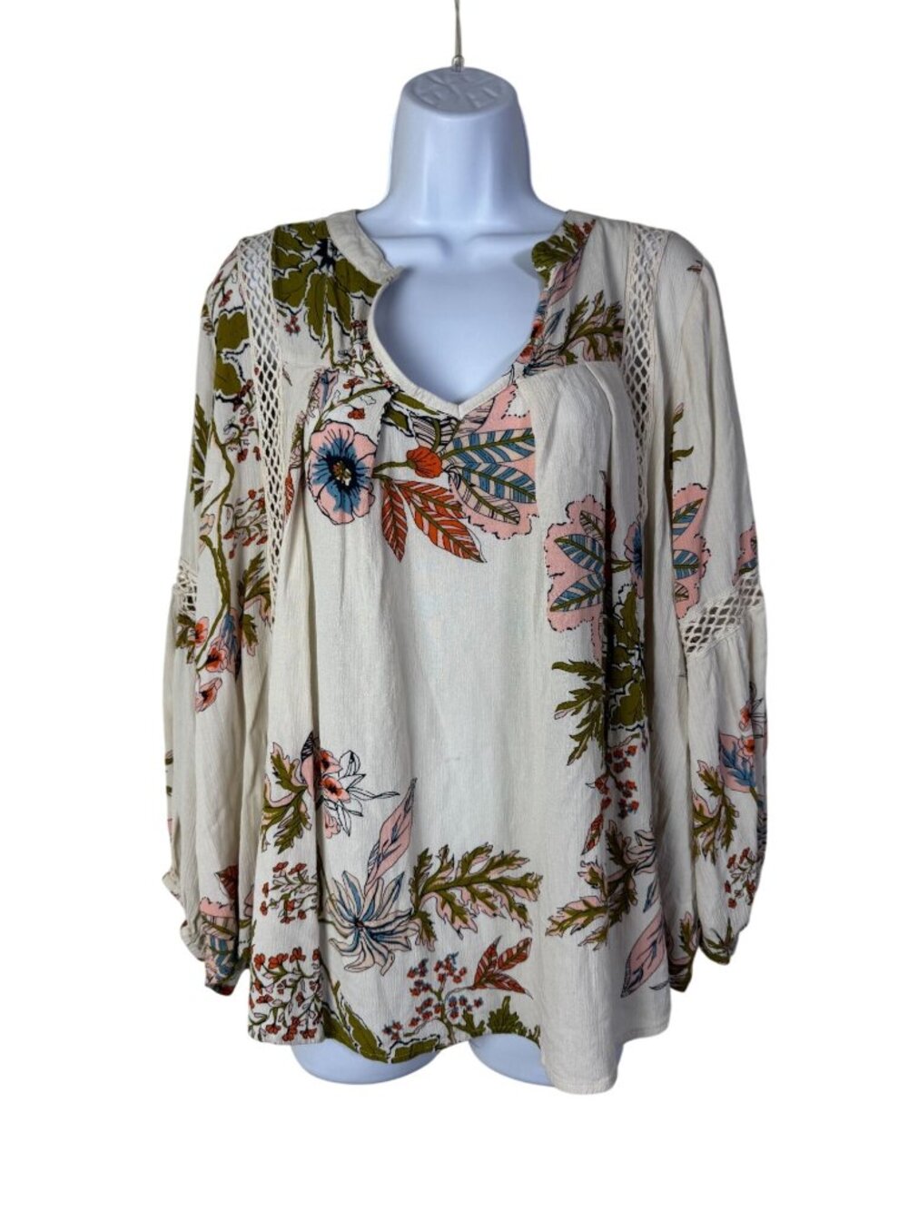 Cynthia Rowley Floral Boho Blouse Top Plus size 1X Peasant Long Sleeve Cream‎